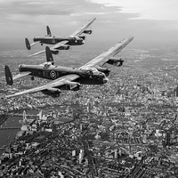 Buy canvas prints of Two Lancasters over Londonblack and white version by Gary Eason