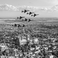 Buy canvas prints of Red Arrows over Lincoln black and white version by Gary Eason