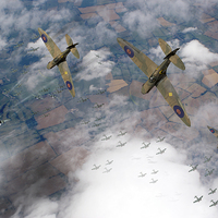 Buy canvas prints of Battle of Britain Spitfires swoop on Heinkel bombe by Gary Eason