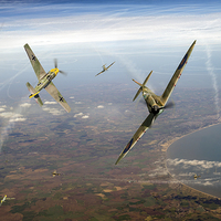 Buy canvas prints of Battle of Britain duellists: Spitfire and Bf109 by Gary Eason