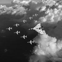 Buy canvas prints of Red Arrows and Vulcan above clouds, B&W version by Gary Eason