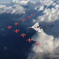 Buy canvas prints of Red Arrows and Vulcan above clouds by Gary Eason