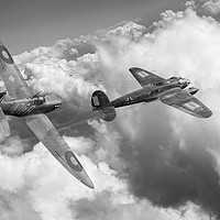 Buy canvas prints of The Chase: Spitfire pursuing Heinkel, B&W version by Gary Eason