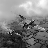 Buy canvas prints of Spitfires among low clouds B&W version by Gary Eason