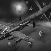 Buy canvas prints of Lancaster KB799 under fire B&W version by Gary Eason