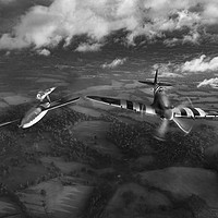 Buy canvas prints of Spitfire tipping V1 flying bomb, B&W version by Gary Eason