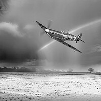 Buy canvas prints of Spitfire with snow shower rainbow, B&W version by Gary Eason