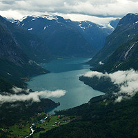 Buy canvas prints of Loen and Lake Lovatnet, Norway by Derek Whitton