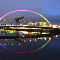 Buy canvas prints of Glasgow Clyde Arc Bridge at Sunset by Maria Gaellman