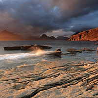 Buy canvas prints of Splashing waves and the Cuillins at Sunset by Maria Gaellman