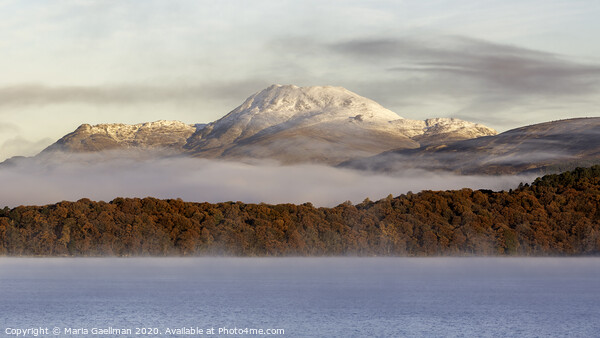 Autumn mist shrouded between Mountain and Loch Framed Print by Maria Gaellman