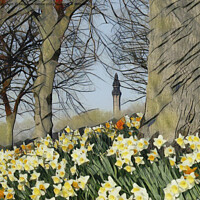 Buy canvas prints of WAINHOUSE TOWER THROUGH THE DAFFODILS by Jacque Mckenzie