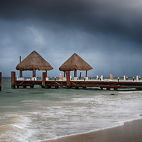 Buy canvas prints of pier with a pair of palapa's              by Angela Wallace