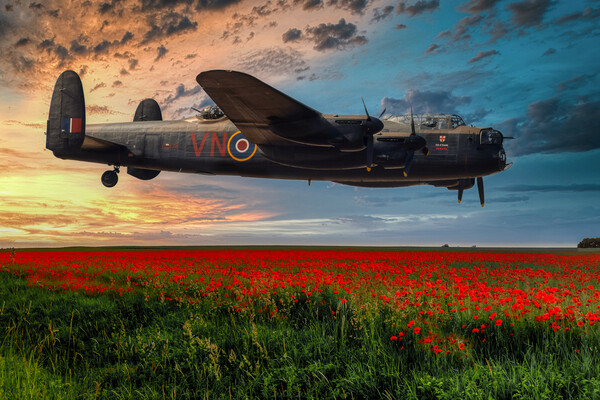 Lancaster Bomber Returning at Sunset Picture Board by Derek Beattie