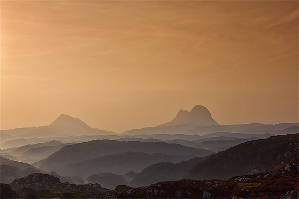 Suilven and Canisp Misty Sunrise Scotland Picture Board by Derek Beattie