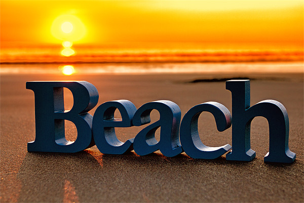 Beach Letters on the Sand at Sunset Picture Board by Derek Beattie