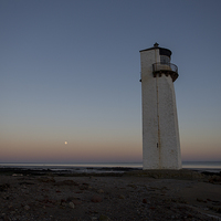 Buy canvas prints of Southerness Lighthouse Moonrise at Sunset by Derek Beattie