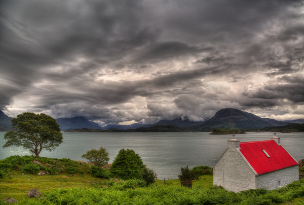 Red Roofed Cottage and Loch Shieldaig Picture Board by Derek Beattie