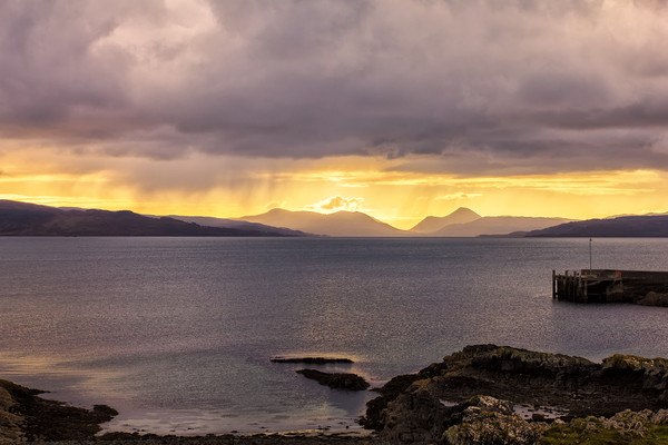 Cuillin Mountain Sunset from Gairloch Harbour Picture Board by Derek Beattie