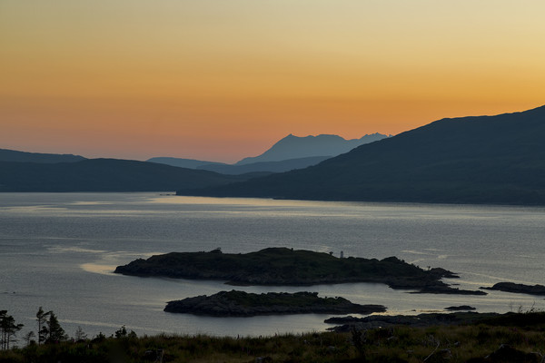 Camusfearna Sandaig and The Isle of Skye at Sunset Picture Board by Derek Beattie