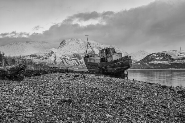 Ben Nevis with the Corpach Shipwreck Picture Board by Derek Beattie