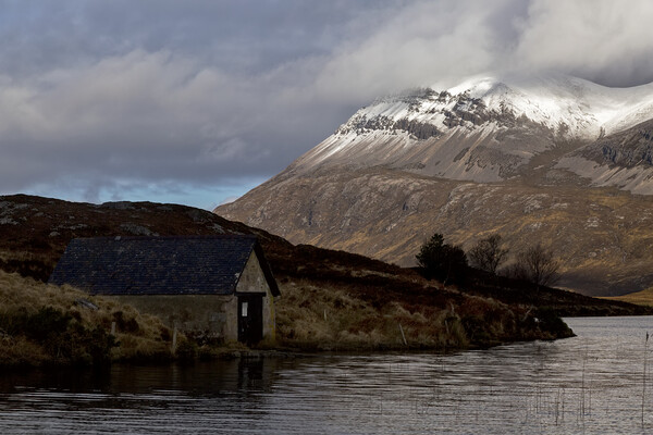 Arkle and Loch Stack Boathouse Picture Board by Derek Beattie