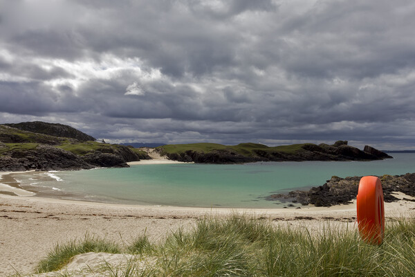 Clachtoll Bay Cloudy Skies Turquoise Sea Picture Board by Derek Beattie