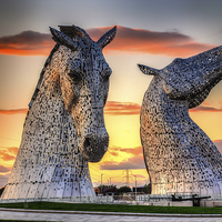 Buy canvas prints of   Kelpies at Sunset Scotland by Paul Messenger