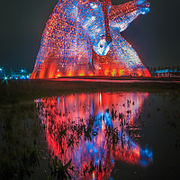 Buy canvas prints of    Kelpies at Sunset Reflection by Paul Messenger