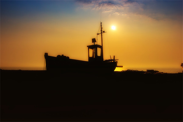 boat silhouette at sunrise Picture Board by Dean Messenger
