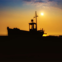 Buy canvas prints of boat silhouette at sunrise by Dean Messenger