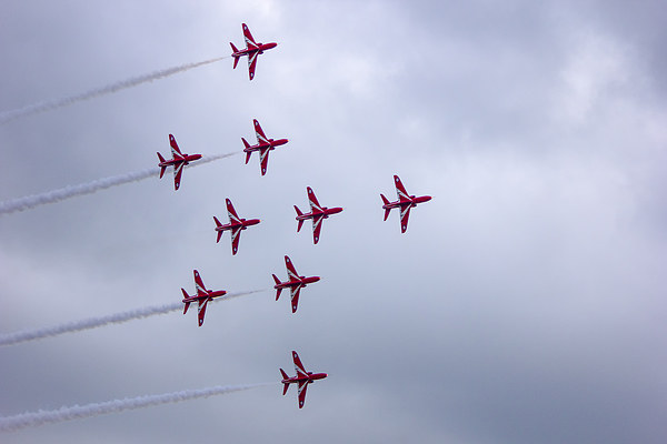 Red Arrows Lancaster Formation Picture Board by Dean Messenger