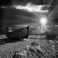 Buy canvas prints of abandoned fishing boat and lighthouse by meirion matthias