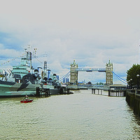 Buy canvas prints of  HMS Belfast and Tower Bridge by Mandy Rice
