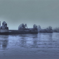 Buy canvas prints of Thames barrier in the fog by Sara Messenger