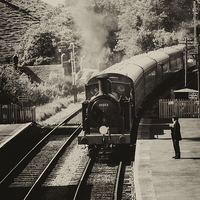 Buy canvas prints of  Swanage railway in black and white  by Sara Messenger