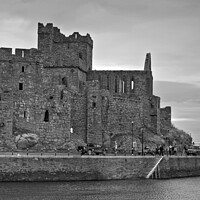 Buy canvas prints of Peel Castle and St. German's Cathedral (Monochrome) by Steven Watson