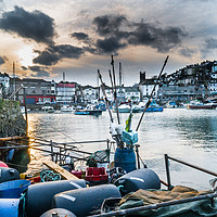 Buy canvas prints of Brixham Harbour with Fishing Equipment by Gordon Dimmer