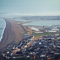 Buy canvas prints of Chesil Beach from Portland Heights at Sunrise by Paul Brewer