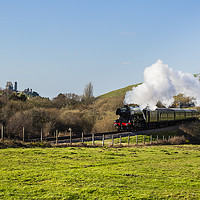 Buy canvas prints of Flying Scotsman With the Iconic Corfe Castle in th by Paul Brewer