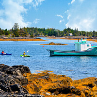Buy canvas prints of Lobster Boat and Kayakers by Elaine Manley