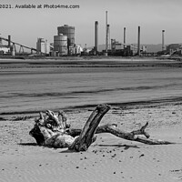 Buy canvas prints of Redcar Steel works and a dead tree - mono beach sc by Greg Marshall
