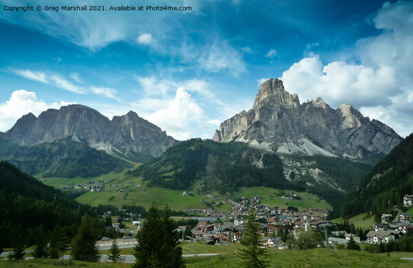 Corvara town and Sassongher mountain Dolomites Italy Picture Board by Greg Marshall