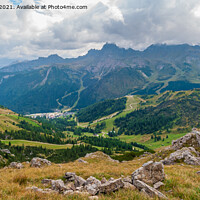 Buy canvas prints of Looking across to Marmolada and the town of Arrabba Dolomites italy by Greg Marshall