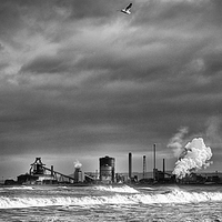Buy canvas prints of Redcar steelworks across the River Tees Mono by Greg Marshall