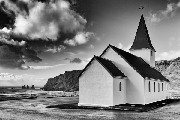 Church at Vik, Iceland Mono Picture Board by Greg Marshall