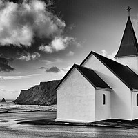 Buy canvas prints of Church at Vik, Iceland Mono by Greg Marshall