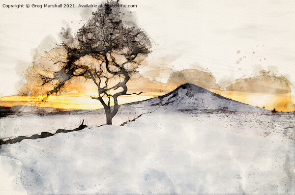 Winter Sunset Roseberry Topping Teesside Watercolo Picture Board by Greg Marshall