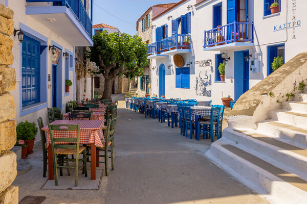 Street Taverna dining tables in Alonissos (Sporade Picture Board by Alan Matkin