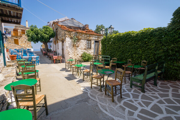 Greek Outdoor dining tables on Alonissos (Sporades Picture Board by Alan Matkin